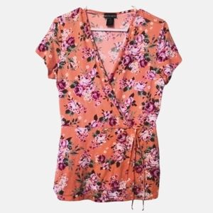 Kristin Nicole Orange Red Floral Wrap Blouse Tie Front Size Medium